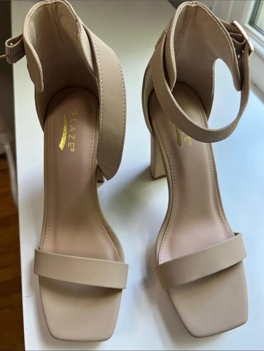 Glaze Nude Ankle Strap‎ Heels Square Toe Sandals Size 8